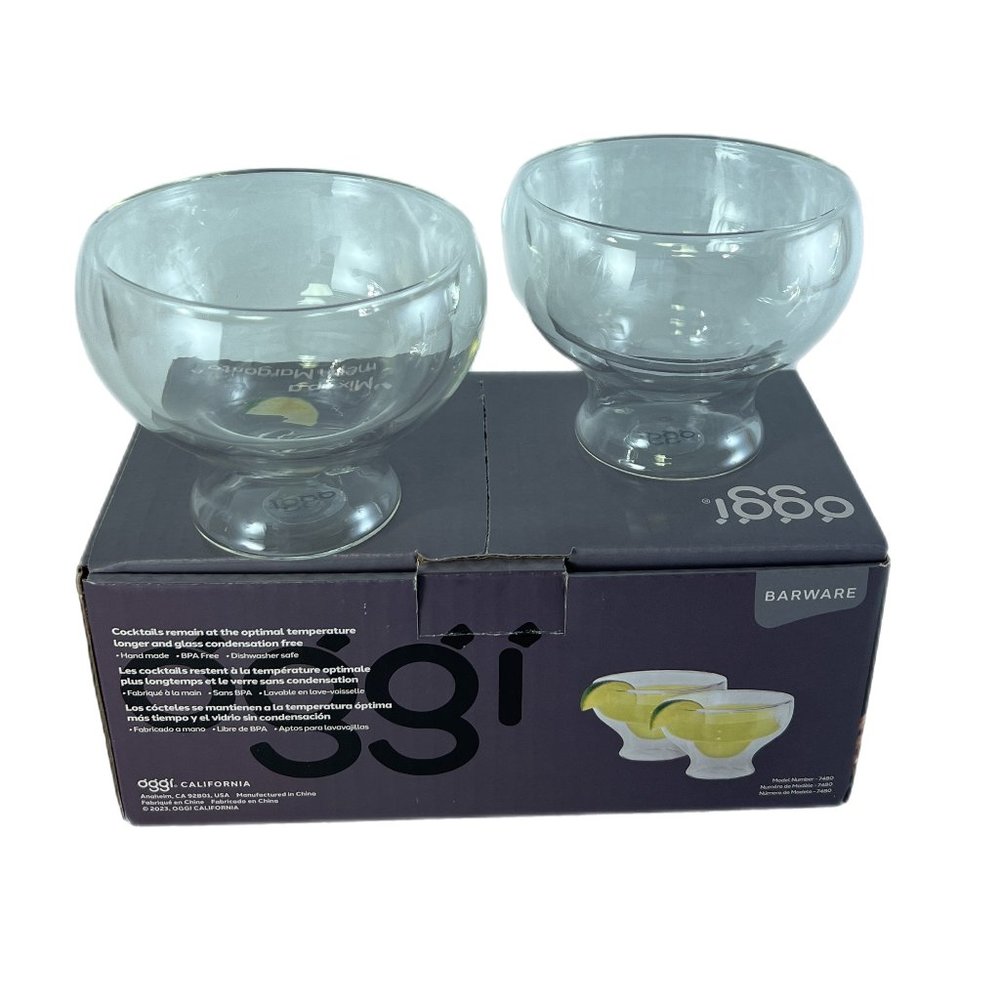 Set of 2 Oggi Hand Blown Double Wall Stemless Margarita Glasses NIOB #1